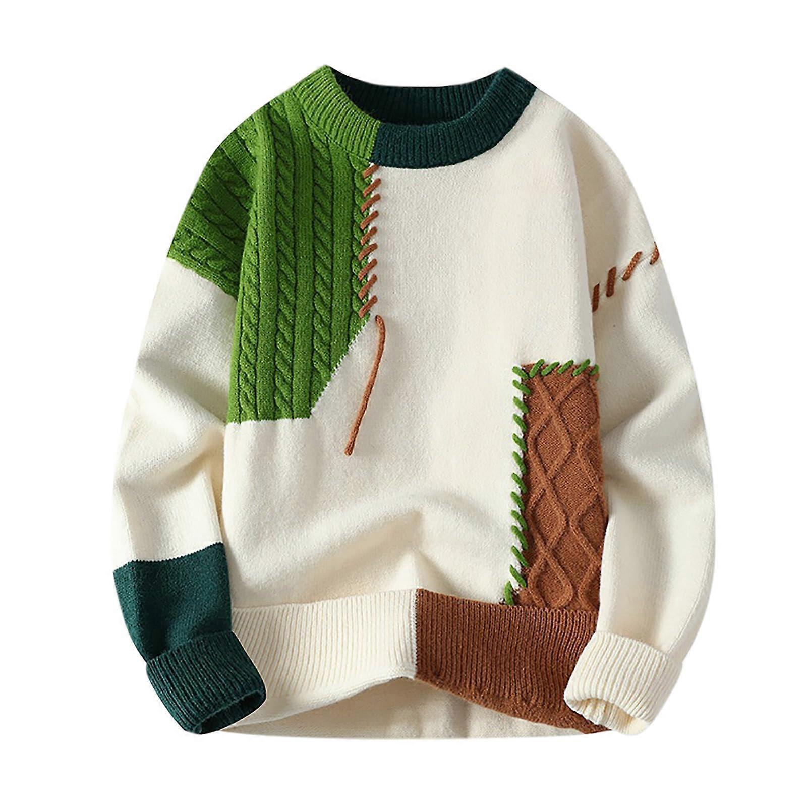 Men's Knitted Jumper Oversized Thermal Winter Pullover Crew Neck Patchwork Sweater Light Green