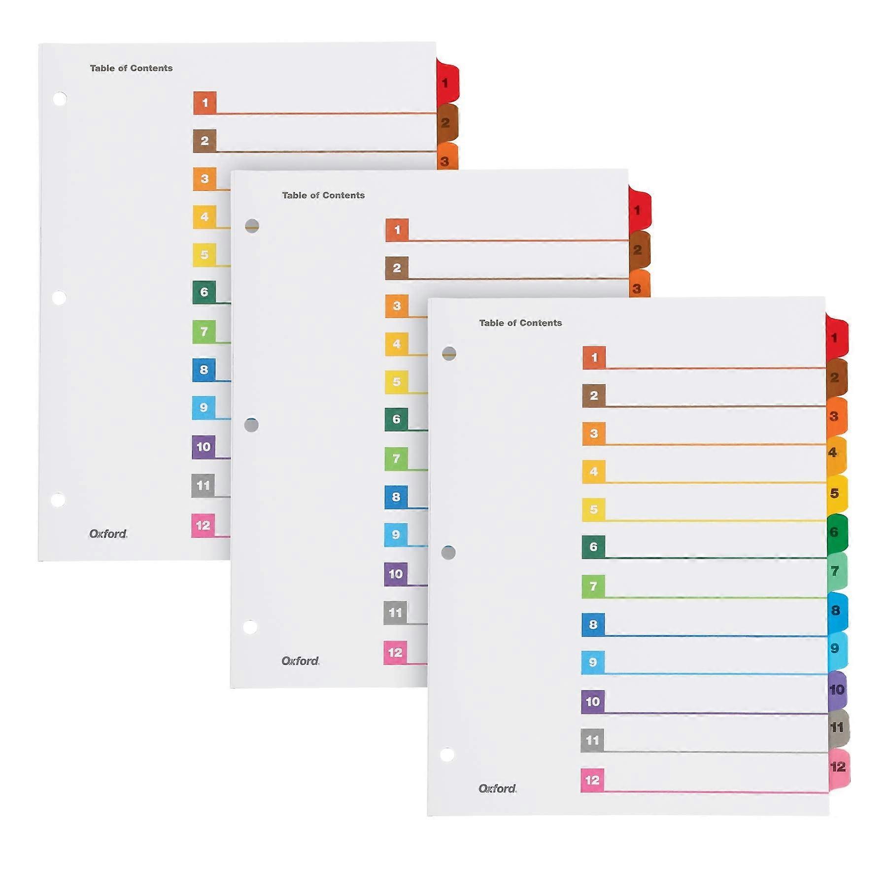 12-Tab Numeric Binder Dividers, Reversible Multicolor, Durable Plastic, 3 Sets (1-12), Customizable TOC, Compatible with 3-Ring Binders