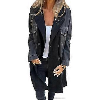 Femmes Automne Manteau Veste En Jean Pardessus Patchwork Double boutonnage avec poches à rabat Colorblock Mid Length Pardessus L noir