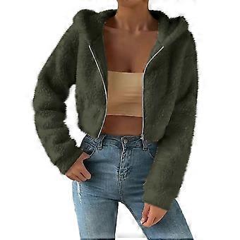 Cropped Fleece Jackets for Women Fashion Zip Up Plush Sherpa Warm Coats Comfy Soft Long Sleeve Fuzzy Hooded Outerwear Army Green XL