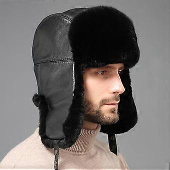 Rex Rabbit Fur Lei Feng -hattu miehille, talvi, aito lampaannahka, kanin turkislakit, venäläiset paksut lämpimät korvasuojahatut, bomber-lippikset