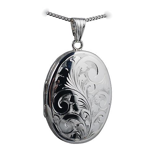 Silver 35x26mm hand engraved oval Locket with a curb Chain 24 inches