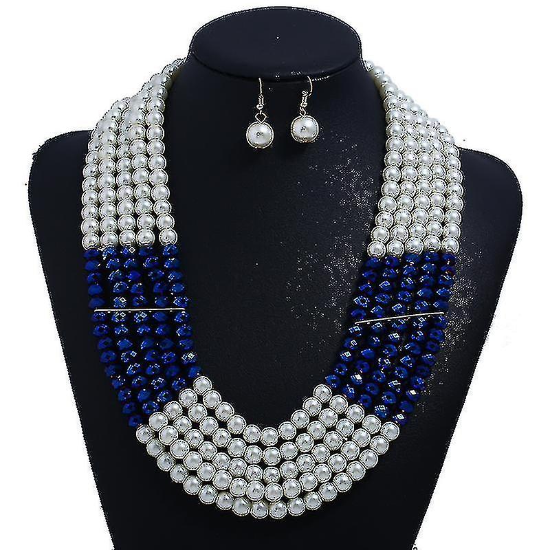 Luxury White Pearl With Royal Blue Crystal Combine Necklace And Earrings