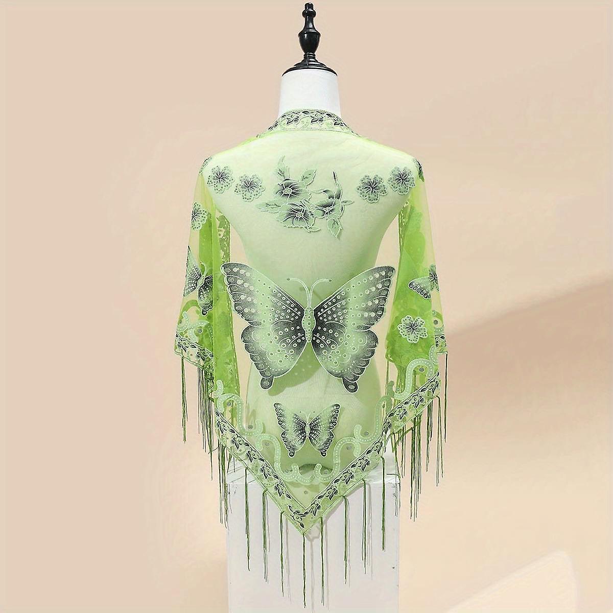 295551 Triangle Scarf Butterfly Flower Embroidery Lace Tassel Shawl Elegant Breathable Windproof Wrap Outdoor Accessories