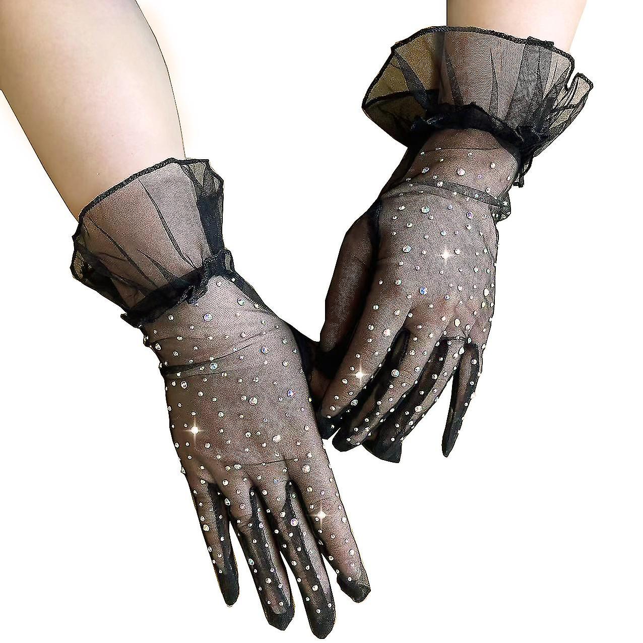 New Style Sparkling Rhinestone Wedding Dress Gloves Short Sunscreen Black And White Lace Gloves Colorful Rhinestone Thin Chiffon Transparent