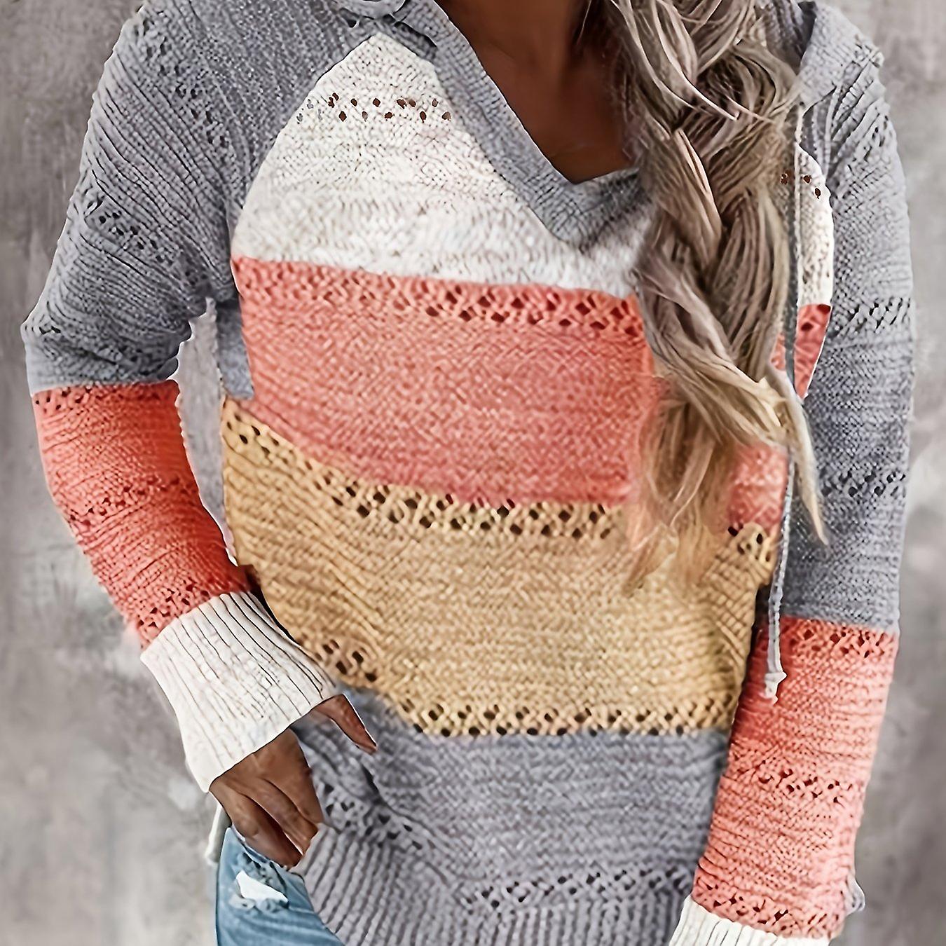 Färg Block Huva Stickad Tröja Semester Dragsko Långärmad Tröja Dam S Kläder