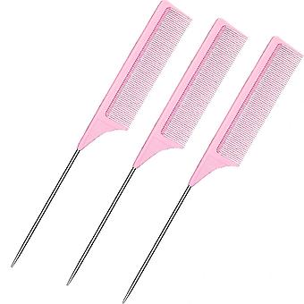 3 Packs Rat Tail Comb Steel Pin Rat Tail Carbon Fiber Heat Resistant Teasing Combs with Stainless St