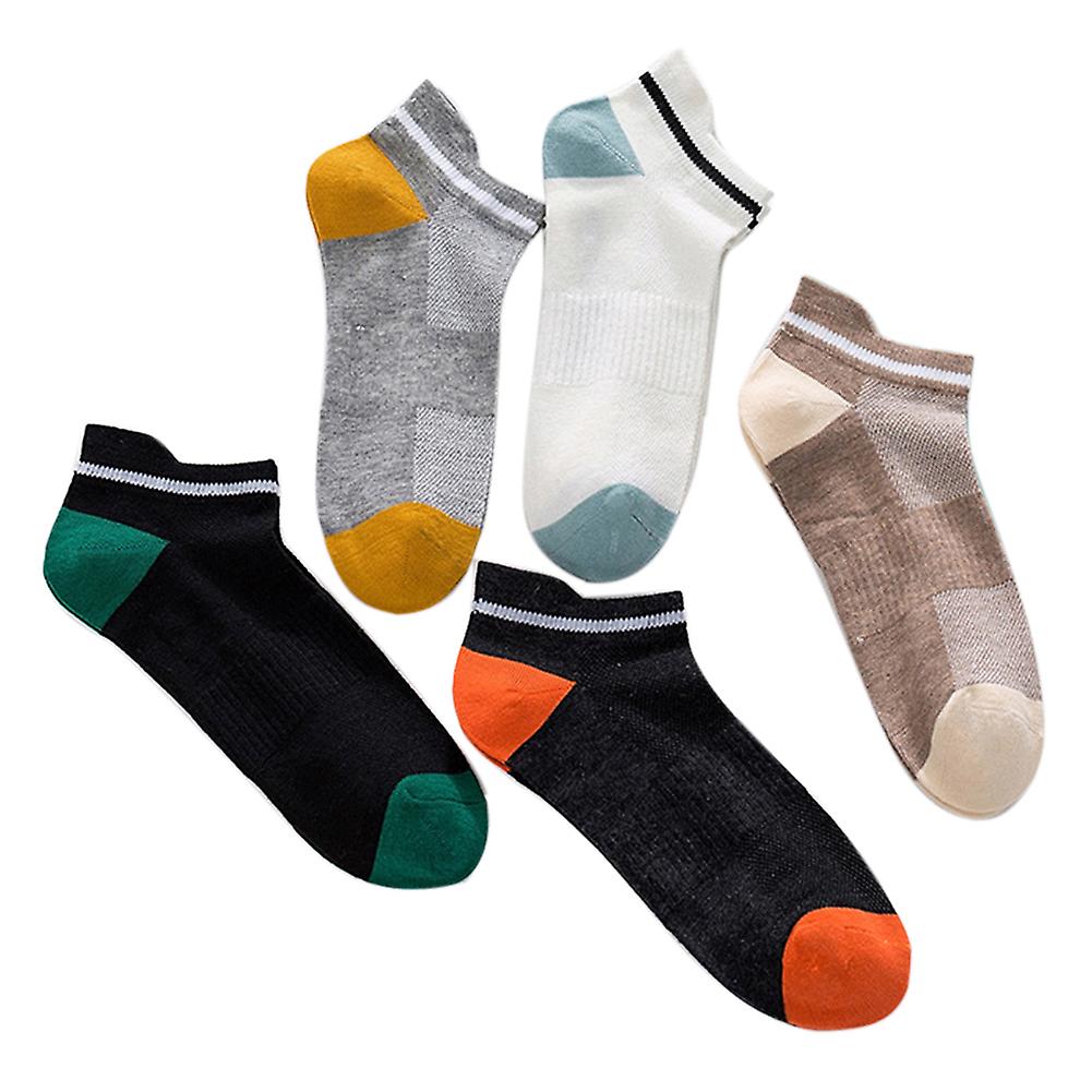 5Pairs Men Color Block Elastic Soft Cotton Sweat Absorbant Low Cut Ankle Socks