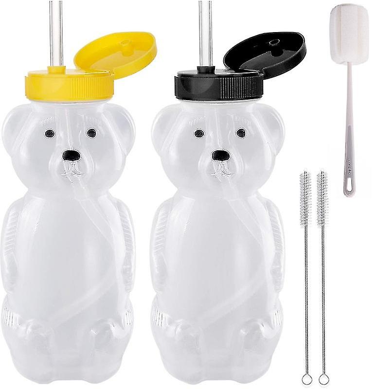 2 Pack Honey Bear Straw Cups With 2 Flexible Straws & Cleaning Tools(2 Straw Brushes &1 Bottle Brush), 8oz Bottles
