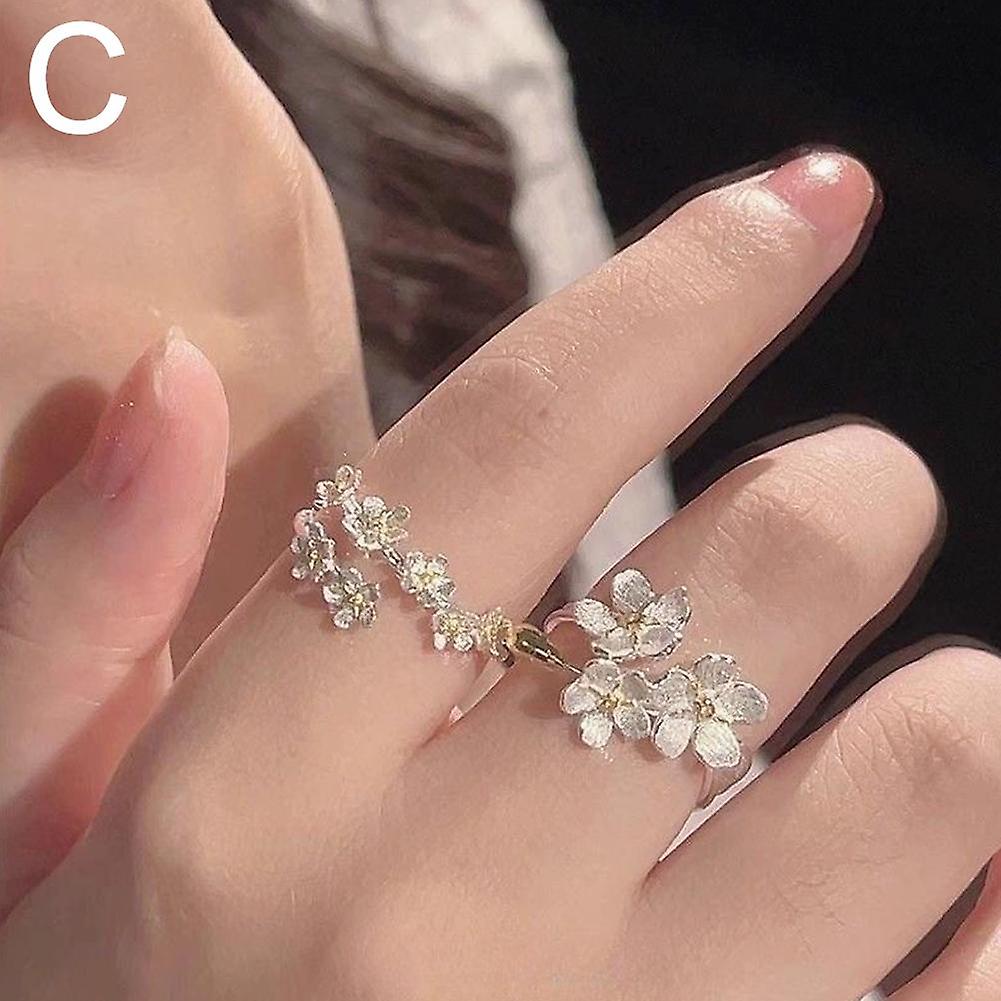 Delicate Flower Opening Adjustable Ring Set For Women Korean Silver Color