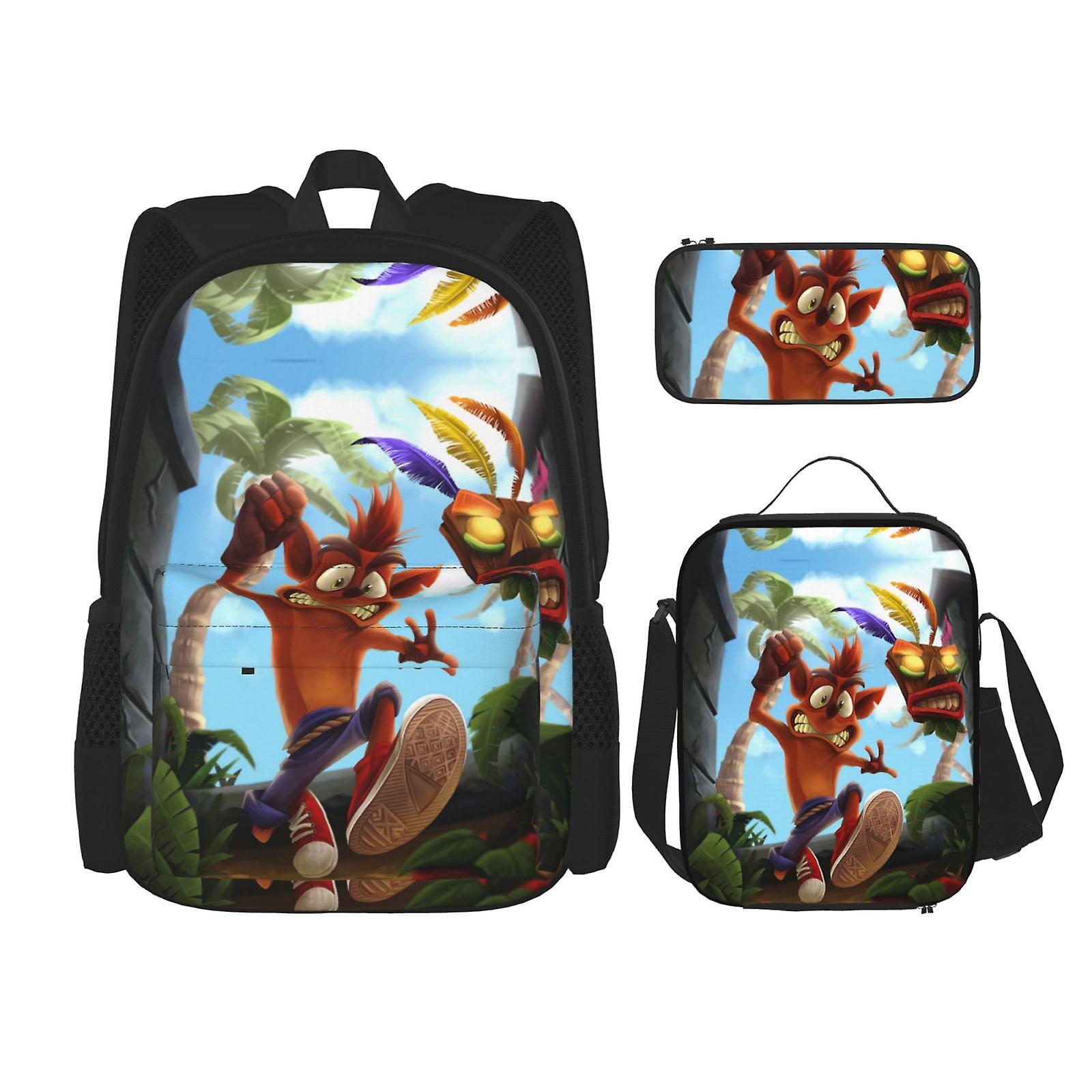 Crash Bandicoot لطيف حقيبة ظهر Daypack للمشي لمسافات طويلة حقيبة أنيمي حقيبة دفتر مقلمة حقيبة غداء مجموعة