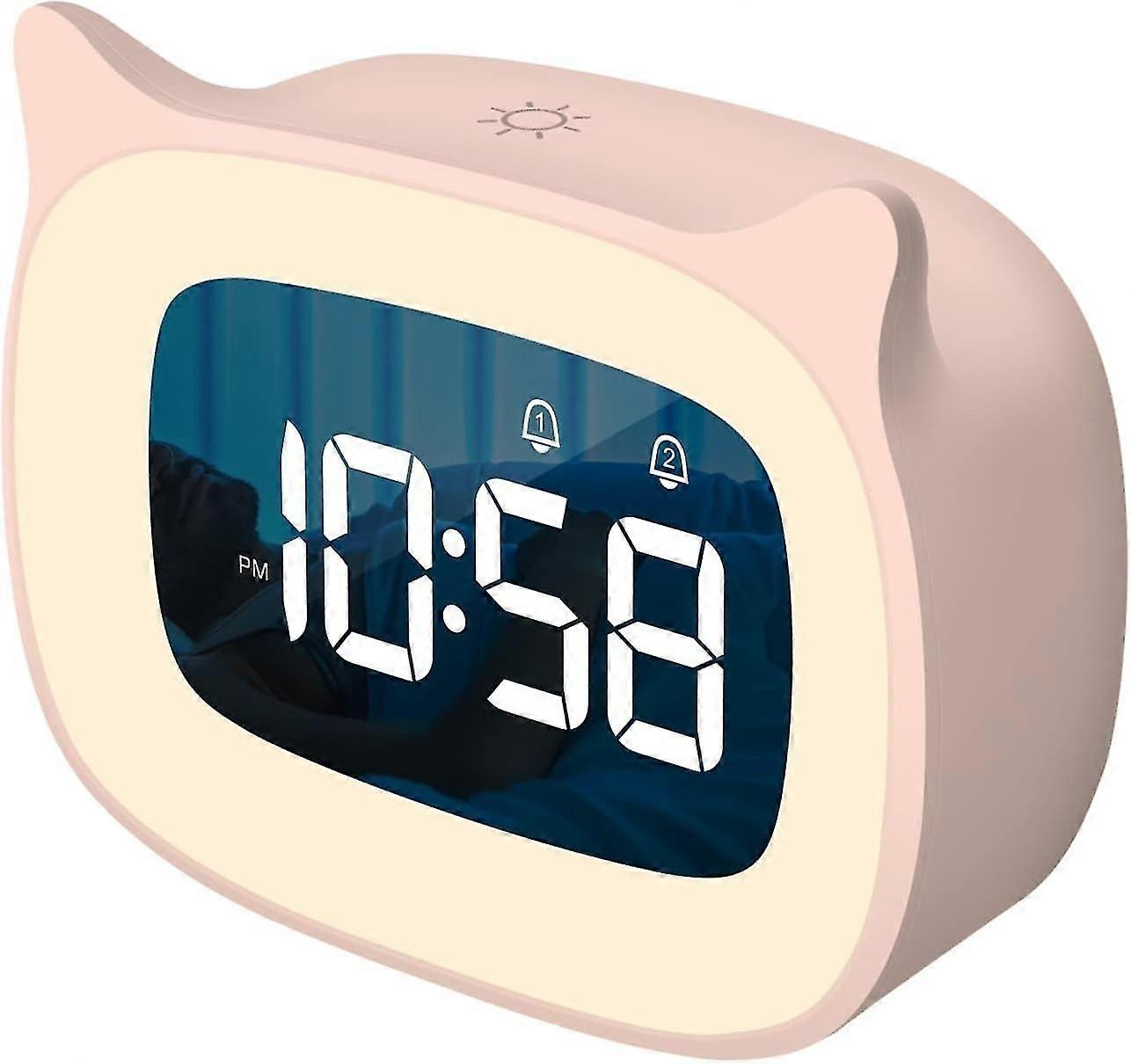 Children's Alarm Clock with Night Light Stepless Dimming Cute Cat Ear Digital Clock Suitable for Boy