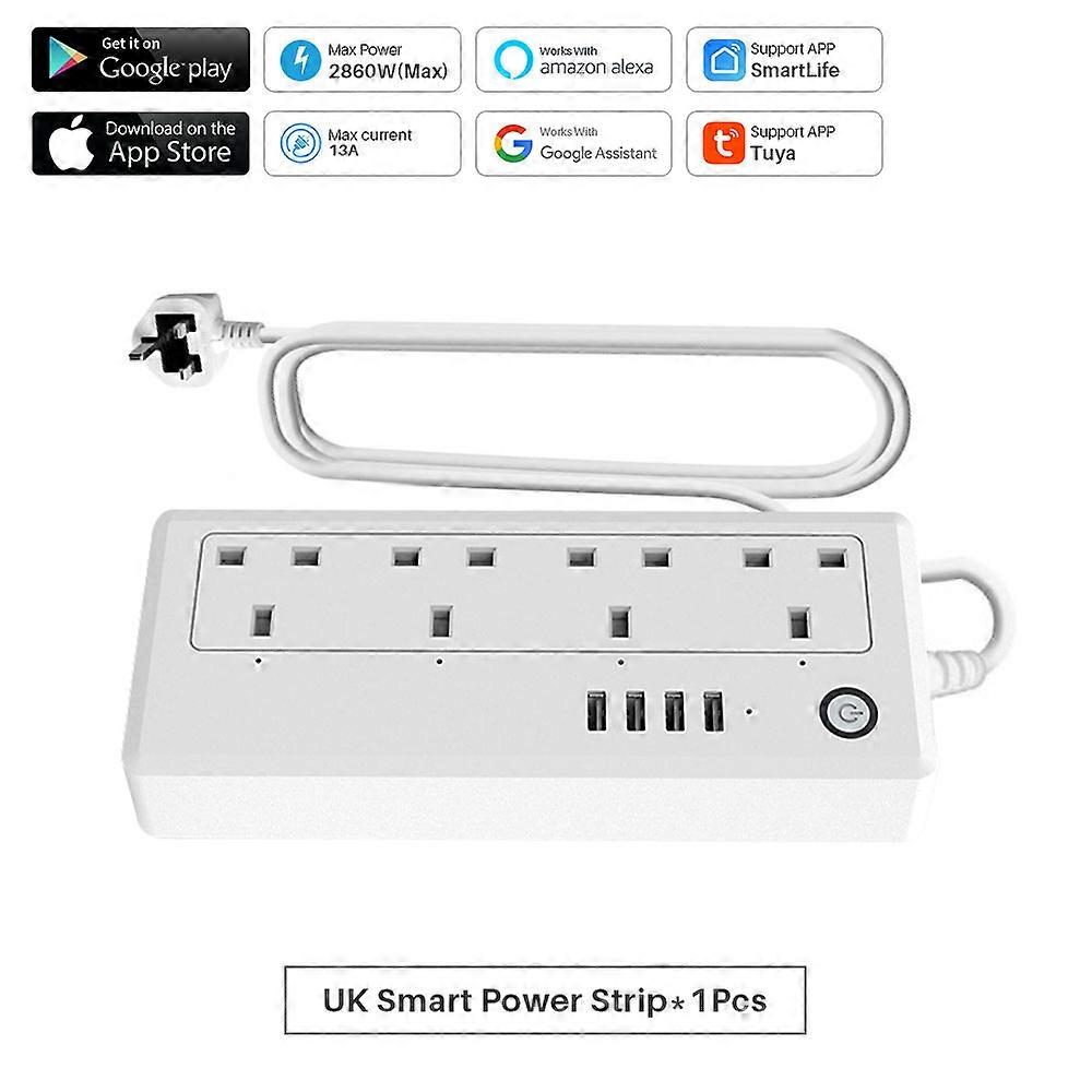 Tuya WiFi UK Smart Power Bar with 4 AC Outlets, 4 USB Ports, Sync, Voice Control, Smart Life App, Works with Google Assistant Alexa