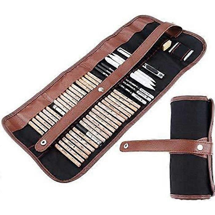 Professional drawing and sketching set with graphite pencils, charcoals, erasable pencils, cutter and canvas case