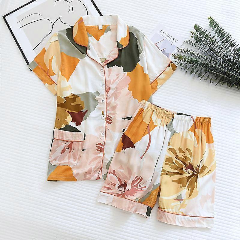 Damen Pyjama Set Kurzarm Shorts Home Pijima Lockerer zweiteiliger Anzug für Home Nachtwäsche Gedruckt Plus Size Weibliche Pijima