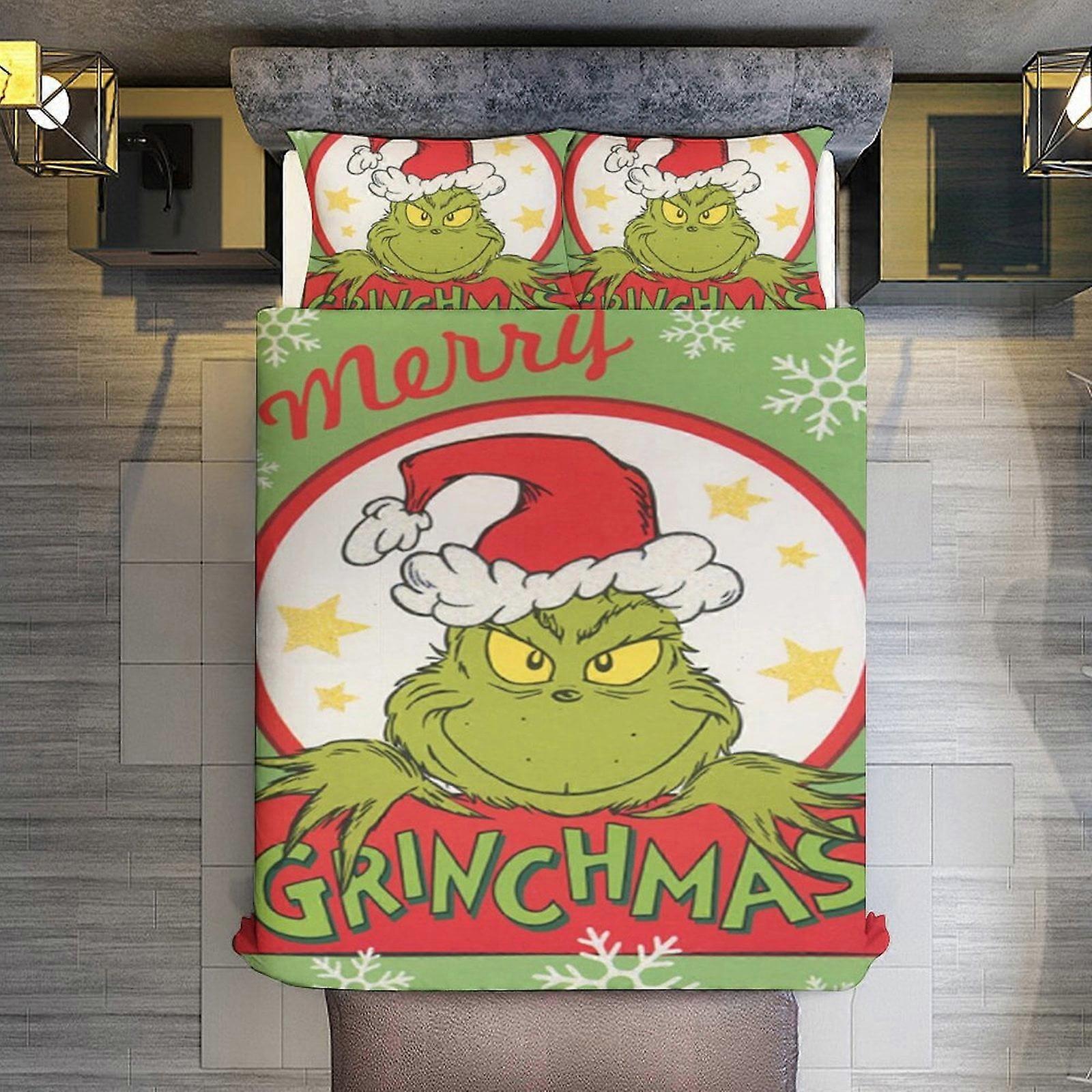v15 Lençóis de Cama Conjunto de Conforto Queen Size, Merry Grinchmas.Grinch em Vermelho Círculo Bordado Dr. Conjunto com 2 Fronhas para Todas as Estações, Conjunto de Cama