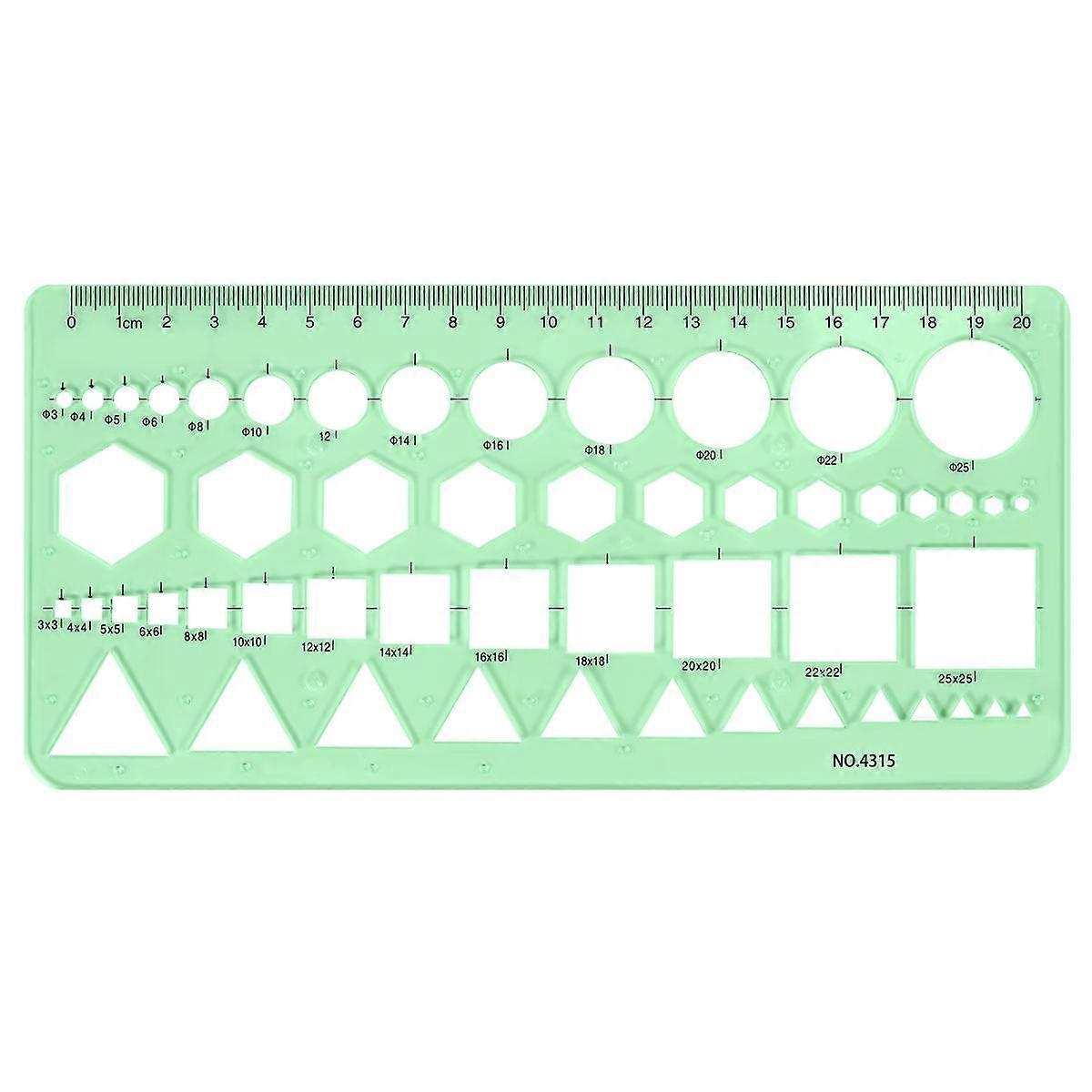 Green Plastic Circles Squares Hexagons Geometric Template Ruler 0-20cm