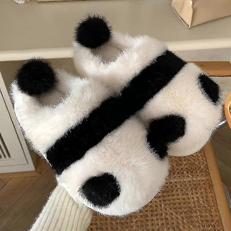 Kawaii Panda hjemmesko Kvinder Piger Fluffy Pels Slides Vinter Varm Plys Sød Tegneserie Platform Tøfler Tyk Sål Comfy Home Sko