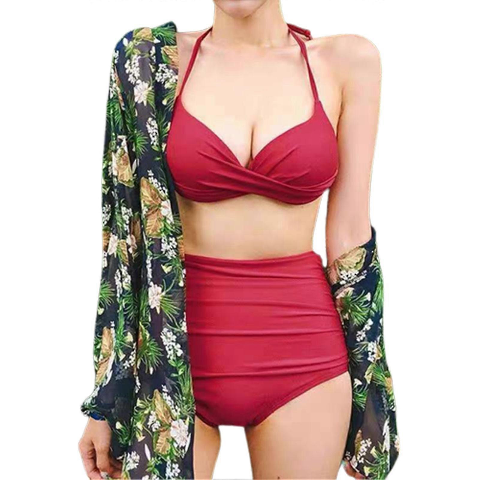 Charming Women Bikini Set Back Neck Hanger Low Cut Bra Solid High Waist Panties