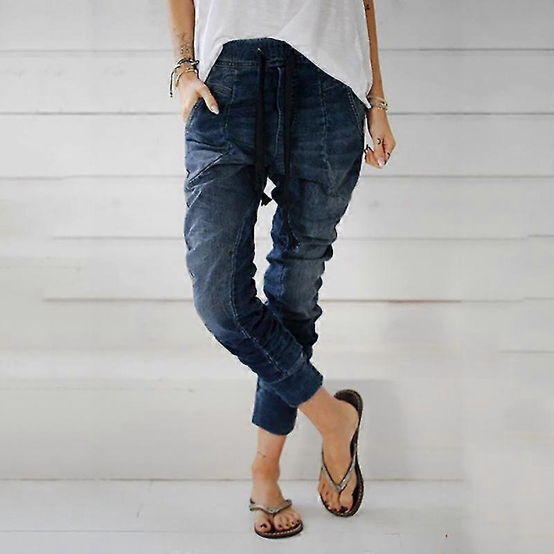 Women Elastic Waist Drop Crotch Jeans Harem Pants Drawstring Denim Long Trousers