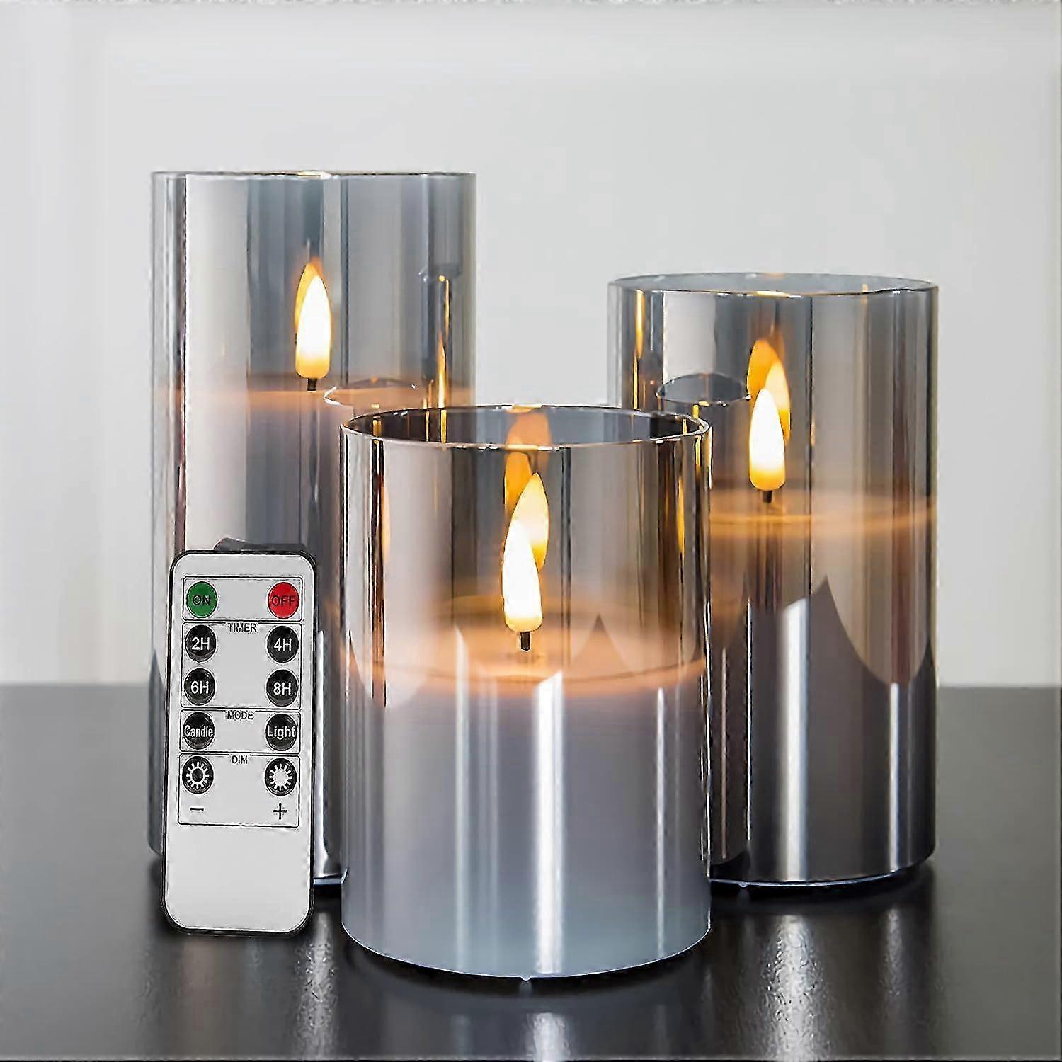 Grey Glass Flameless Candles Flickering, Realistic Battery Operated Electric LED Candles with Remote D 3" H 4" 5" 6"