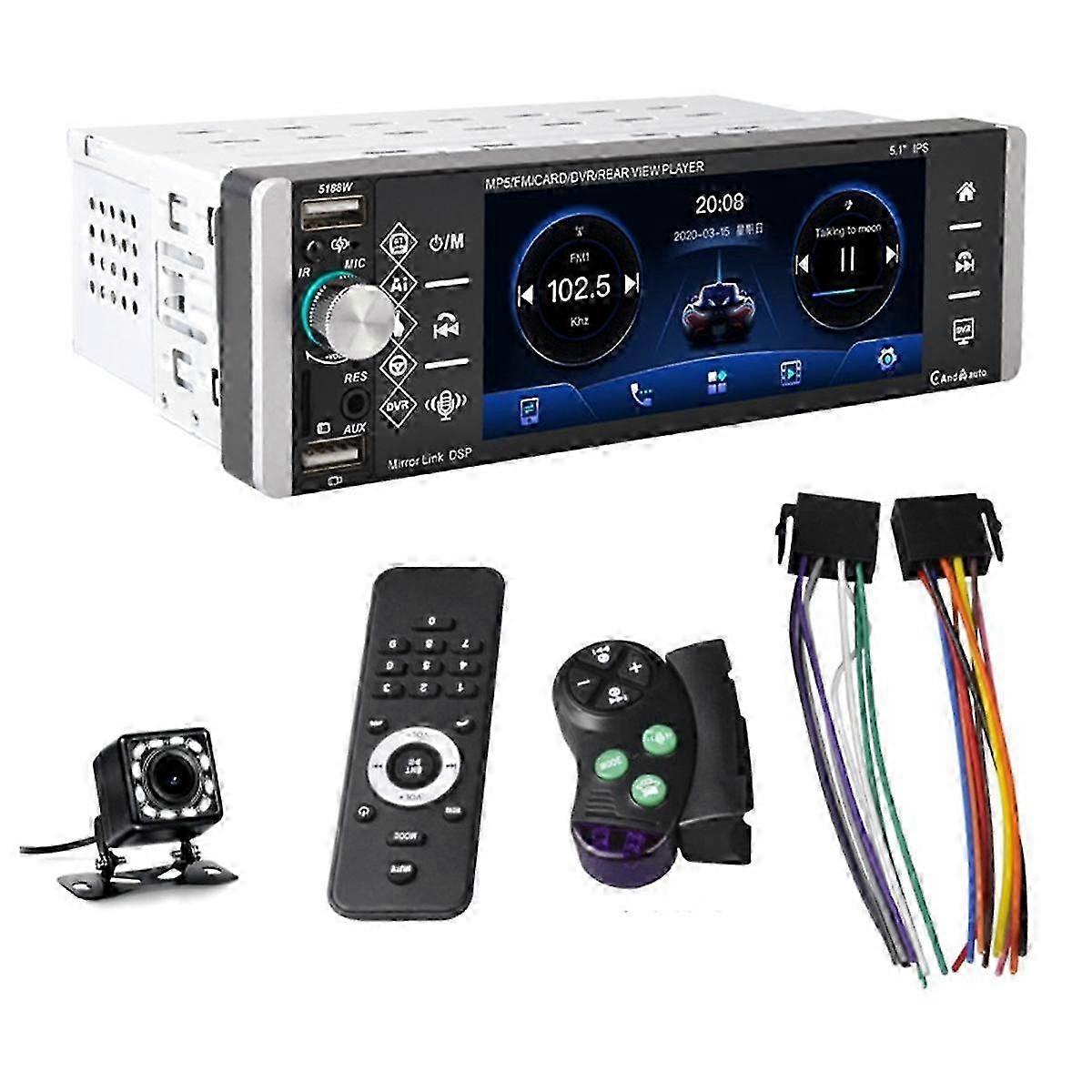 Tek Din Dokunmatik Ekran Araba Stereo Kablosuz Carplay Android Auto, 5.1 İnç Araba Radyosu Bluetooth Fm Swc Usb Yedekleme Kamera