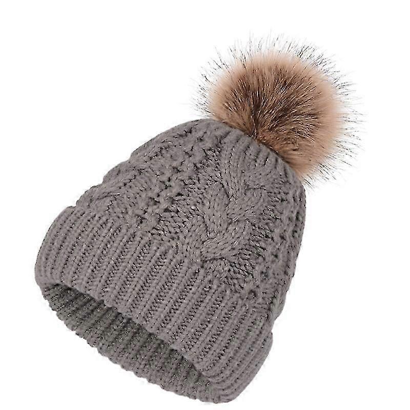 Big hairy ball Beanie Hat Double Layer Warm twist pattern Knit Cap