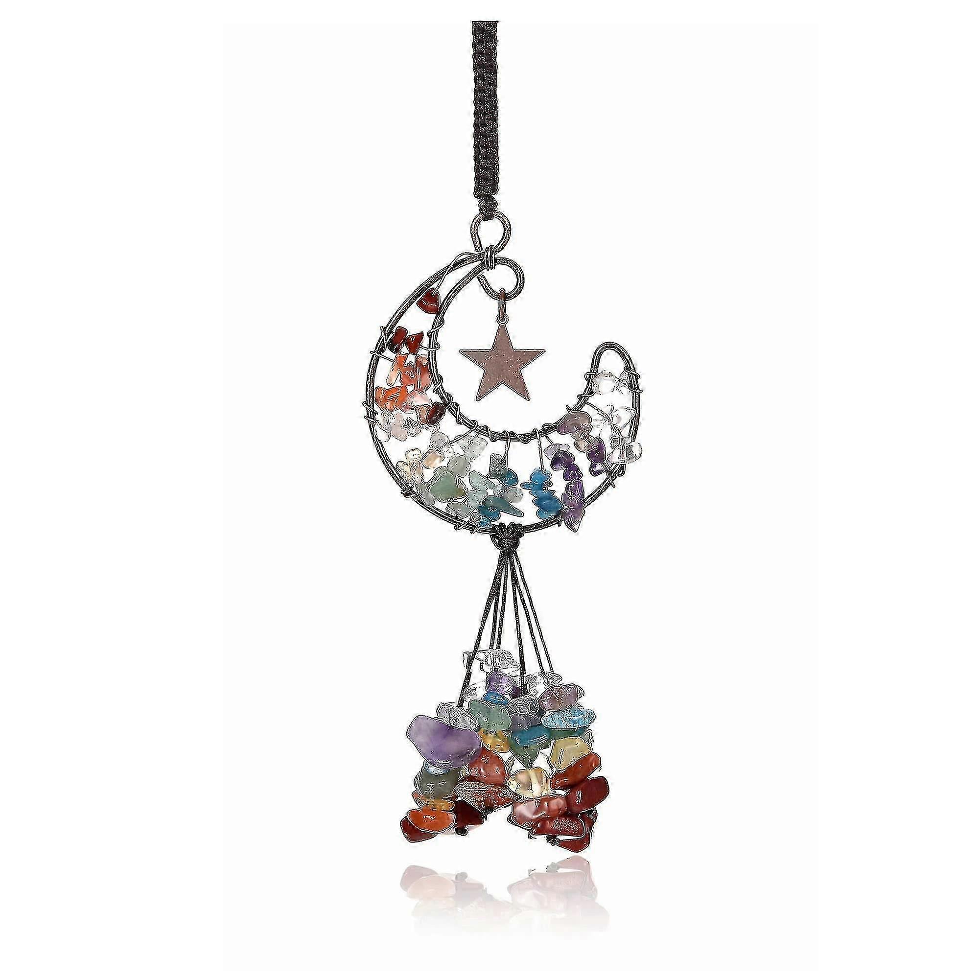Chakra Crystal Hanging Ornament Handmade Tree Of Life Wire Wrapped Moon Shape Healing Crystal Stones Car Rear
