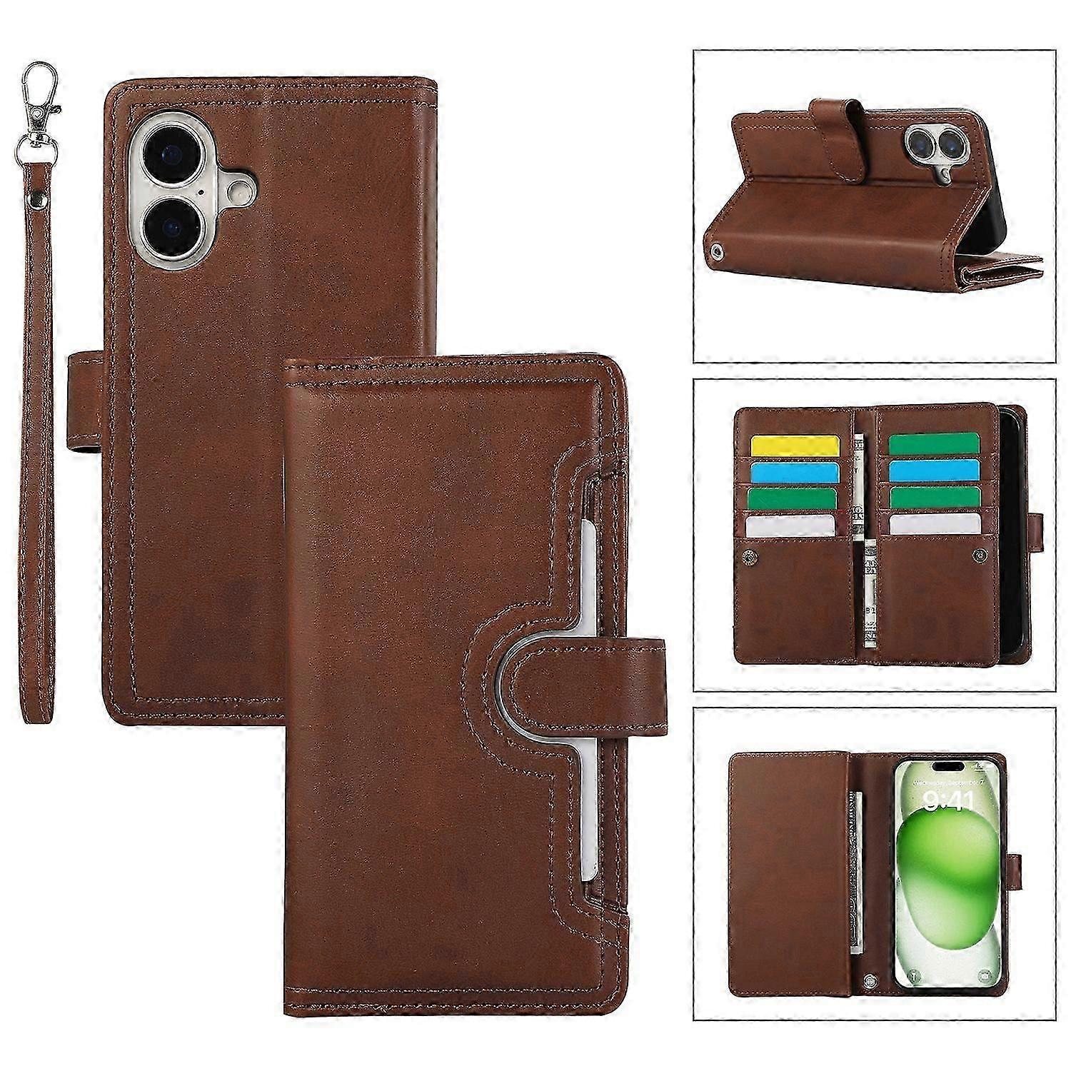 For iPhone 16 Plus Case Split Leather Magnetic Wallet Phone Protector with Wrist Strap -