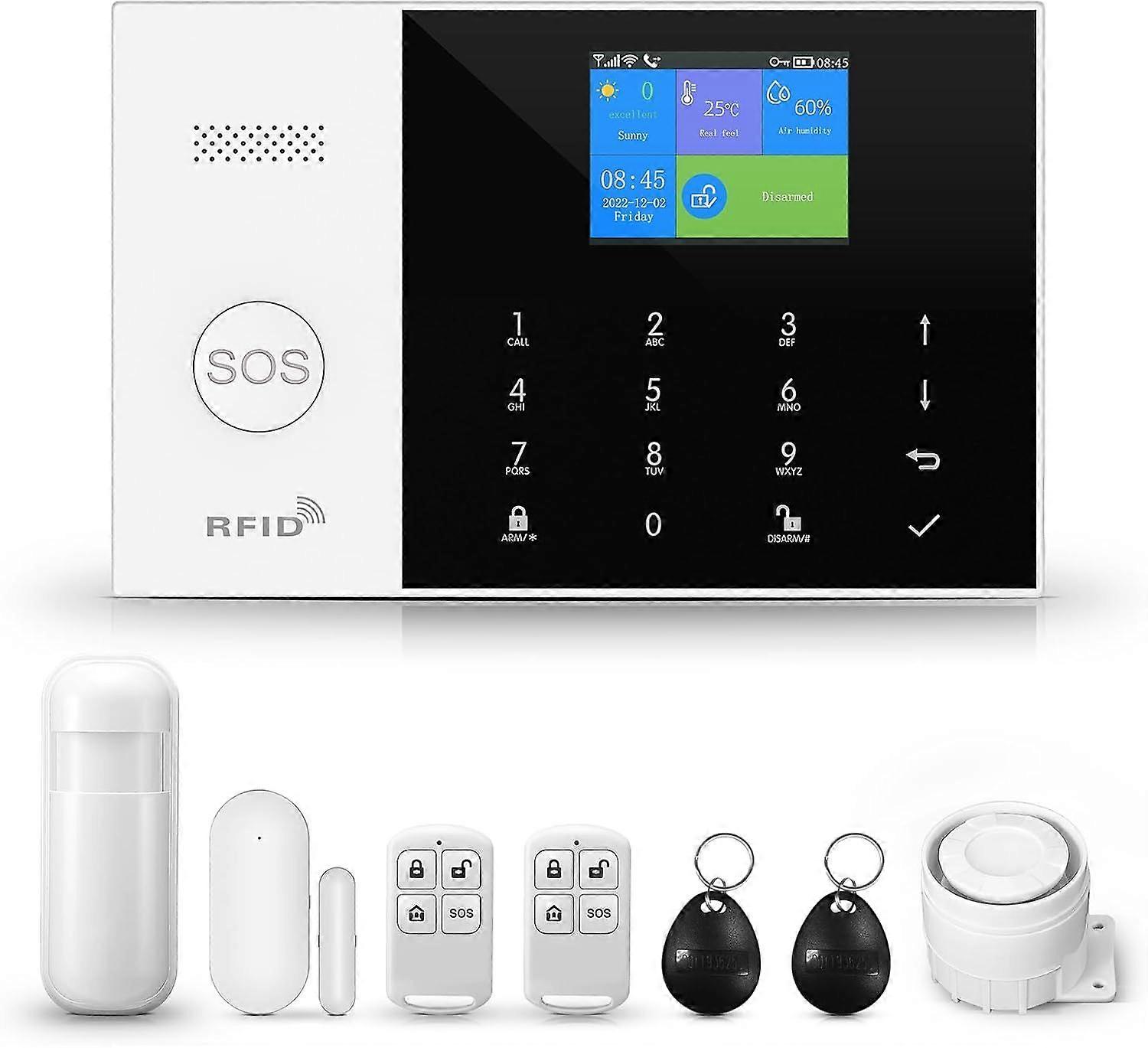 PGST Wireless Smart Home Alarm 2.4G WiFi/GSM Connected Alarm System Kit 1 Siren, 1 Door Window Opening Detector, 2 Remote Controls, 1 Motion Sensor, T