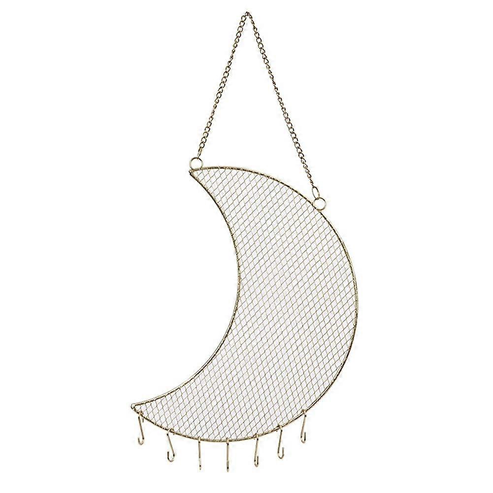 Moon & Star Wall-Mounted Jewelry Organizer - Metal Earring Display Rack with Multi-Hook Design and Decorative Grid Pattern