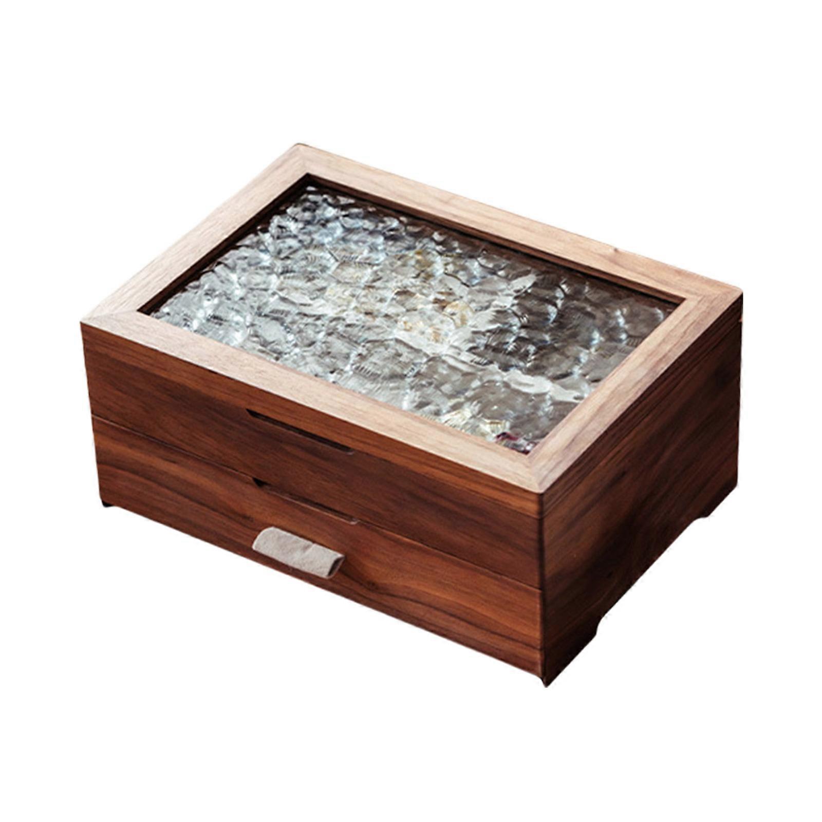 Large Capacity Storage Case Wood Jewelry Box with Glass Lid and Drawer Dividers Elegant Accessories Display Container