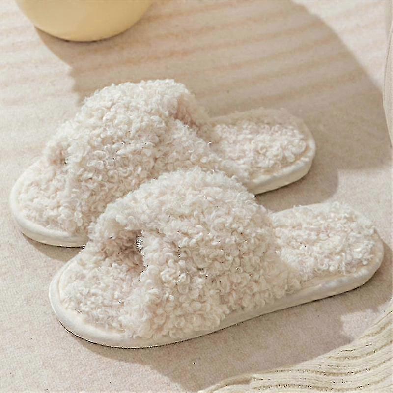 Women's Fuzzy Cross Band Slip-On Slippers, Lightweight Plush Open-Toe Design for Indoor Outdoor Comfort
