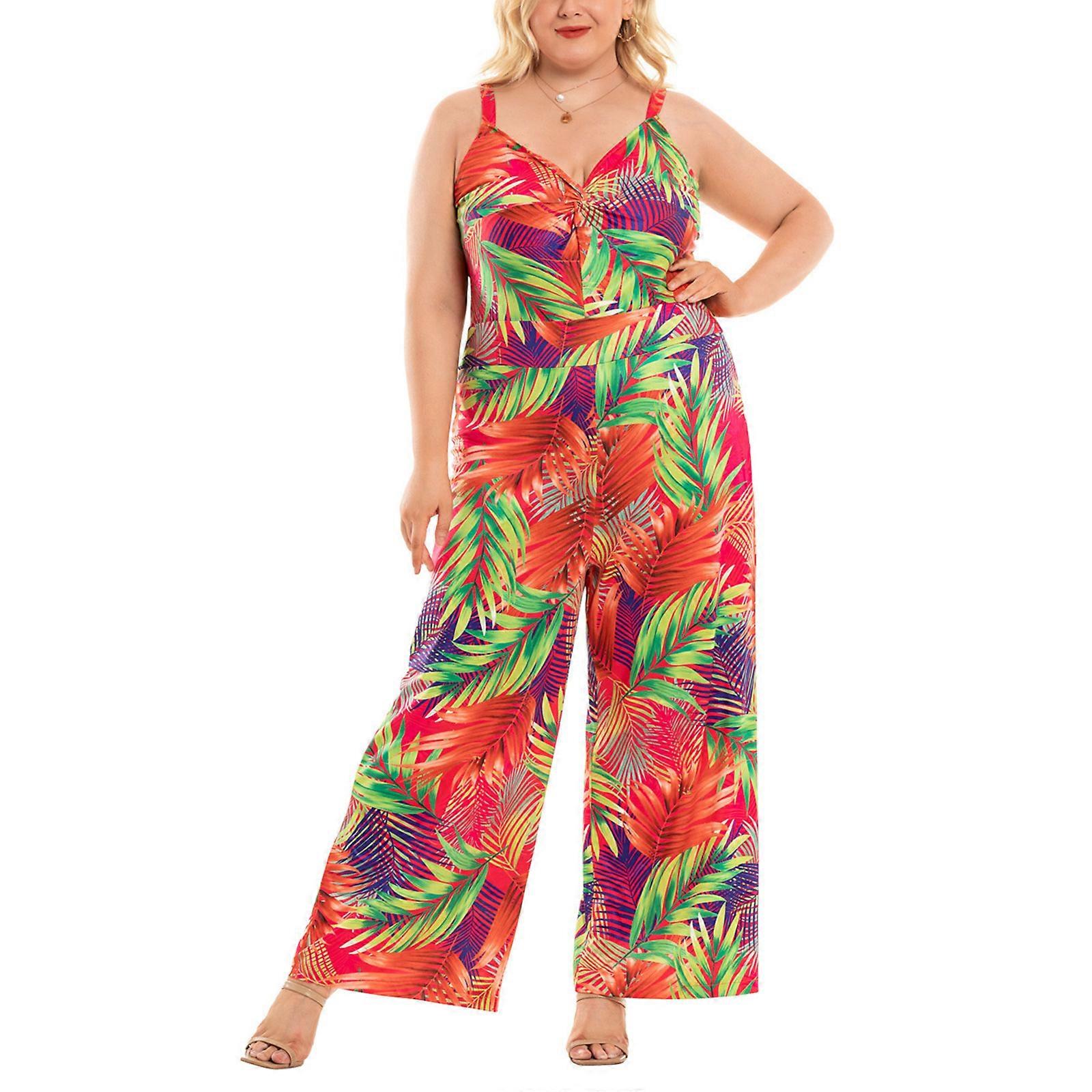 Women's Loose Casual Sleeveless Long Pants Jumpsuits Plus Size Leopard Printed Wide Leg Rompers  color XL