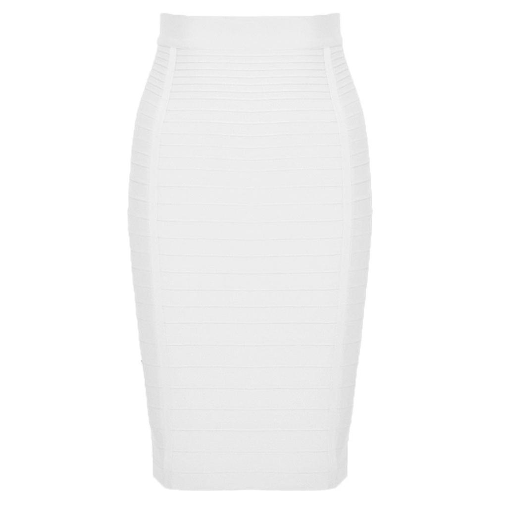 Mulheres Cintura Alta Listrado Zipper Bandage Joelho Comprimento Bodycon Midi Saia Lápis Branco XS