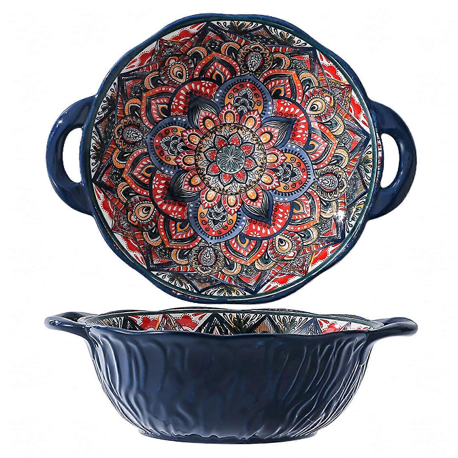 Boho Ceramic Serving Bowls Set, 2 Pack 40 Oz Porcelain Salad and Mixing Bowls with Handles, Colorful Embossed Design for Soup and Pasta