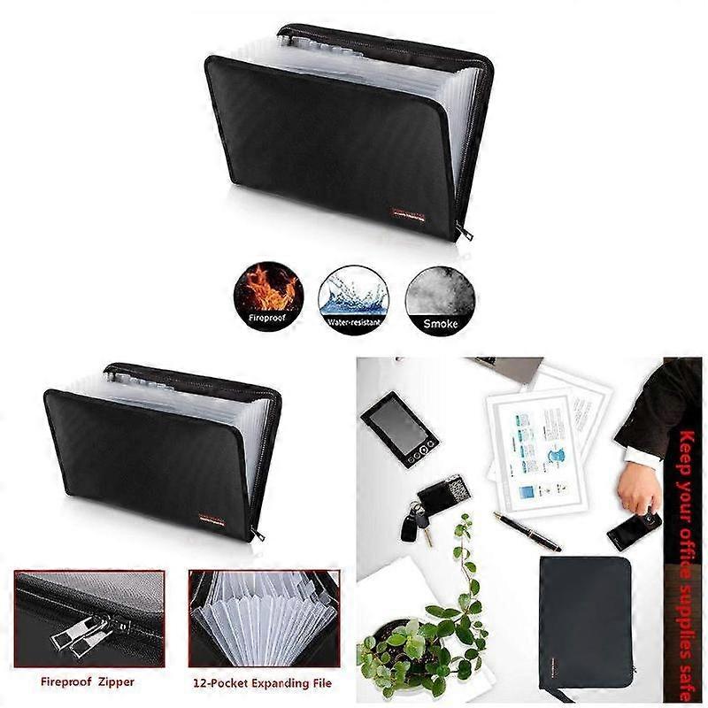 Fireproof Waterproof File Folder Money Document Bag with 12 Pockets Zipper Closure Pouch