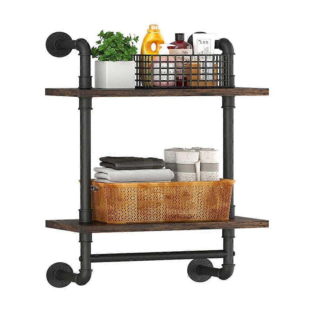 Industrial Pipe Floating Bathroom Shelves Wall Mounted with Towel bar, 2 Tier Rustic Wood Wall Shelf