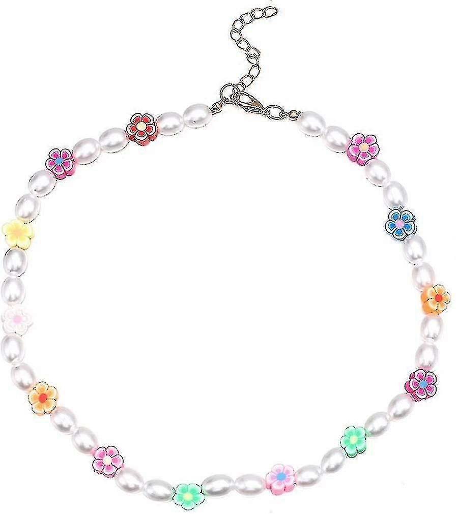 Simulierte Perlenperlen Choker Halskette Perlen mit bunten Blumen Halskette