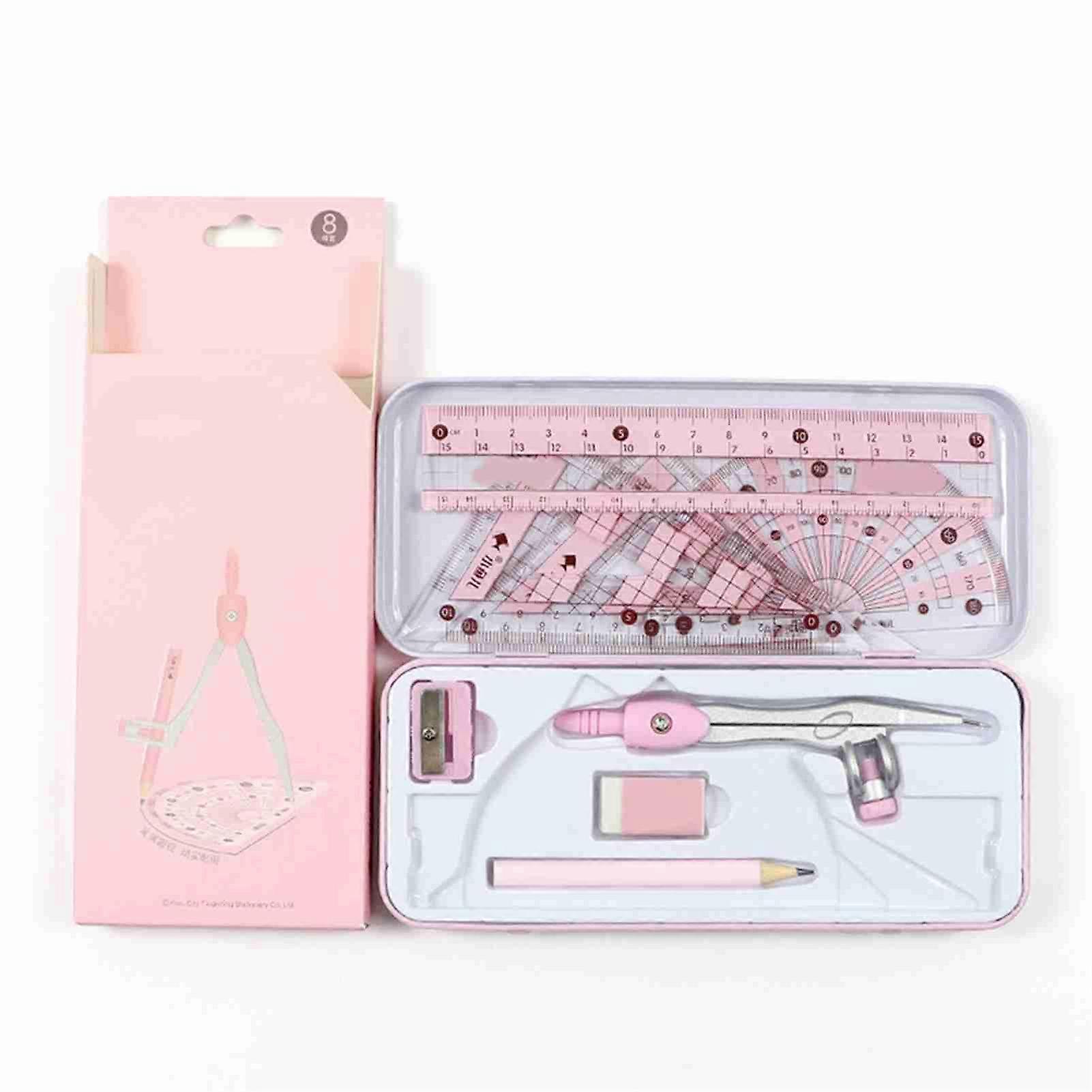 8-Pieces Math Geometry Kit Student Supplies Includes Rulers, Protractor, Compass, Pencil, Eraser Engineering Drawings Set