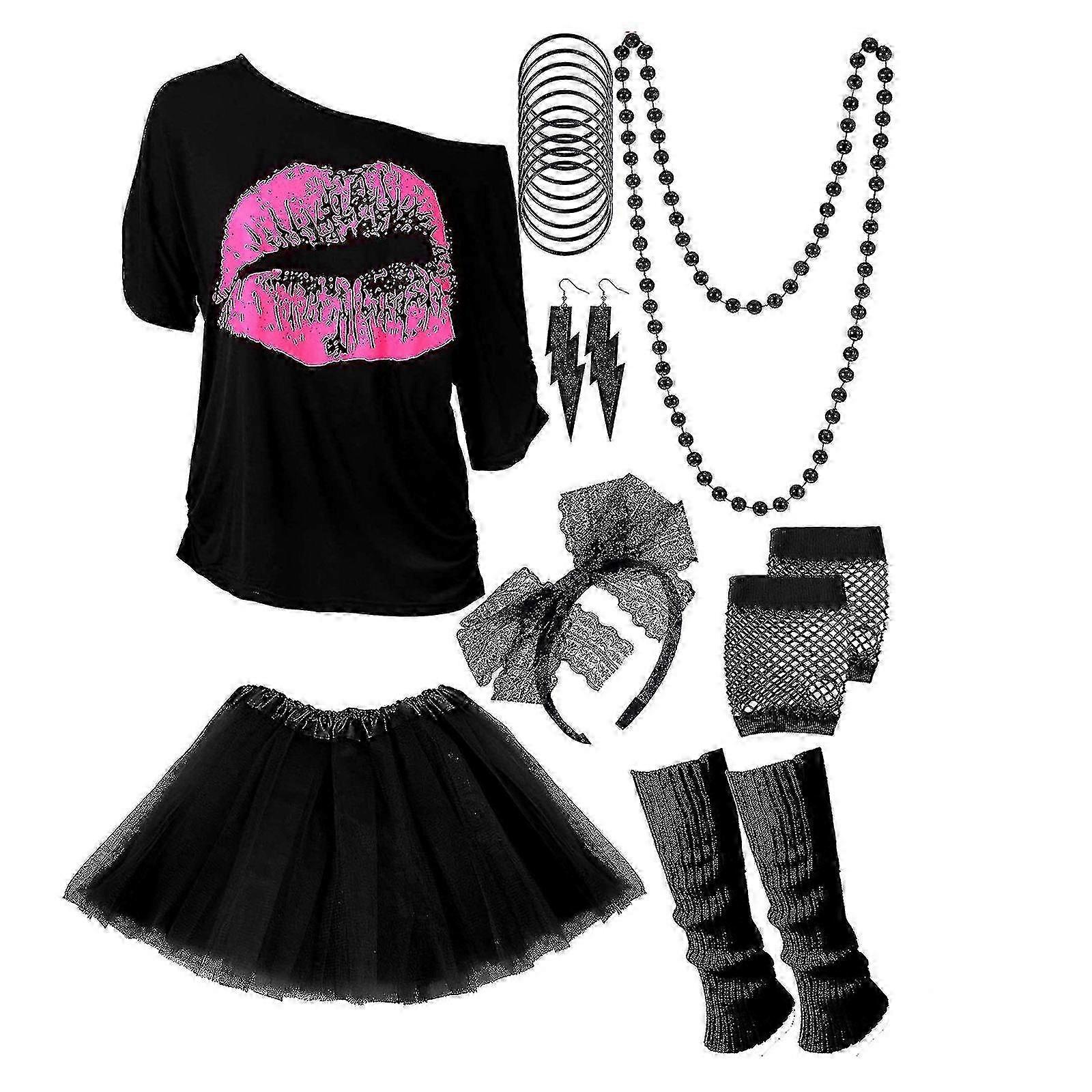 عتيق 80s 90s مجموعة ملابس نسائية ريترو مع تي شيرت ، فستان ، تدفئة الساق وإكسسوارات المجوهرات