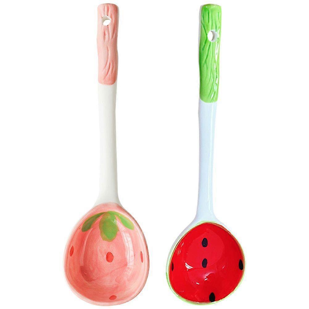 2Pcs Ceramic Soup Spoons Dessert Spoons Fruit Pattern Spoons Ice Cream Spoons Household Tableware