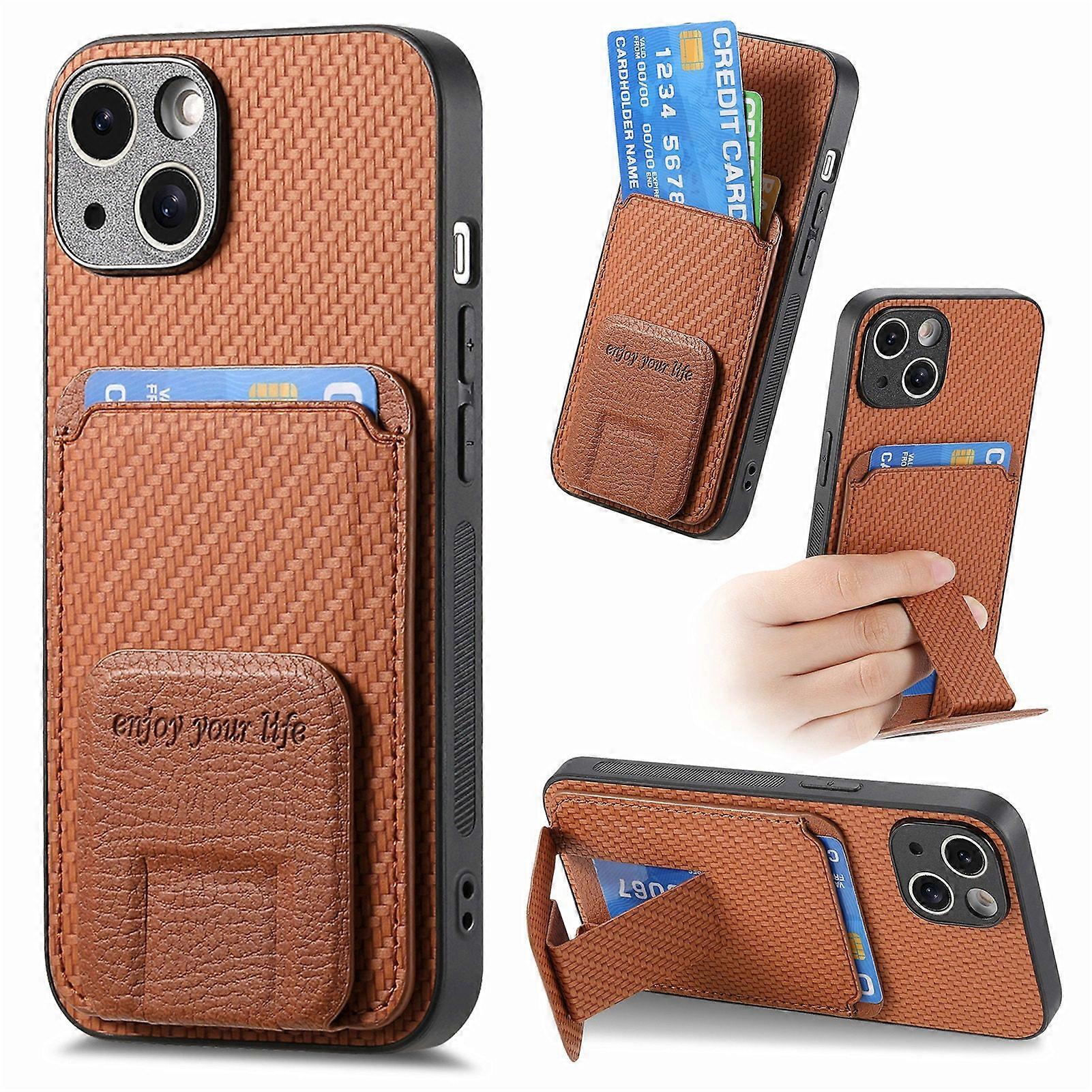 Case For Iphone 13 Brown Simple Bracket Solid Carbon Fiber Card Slot Plain Leather No174