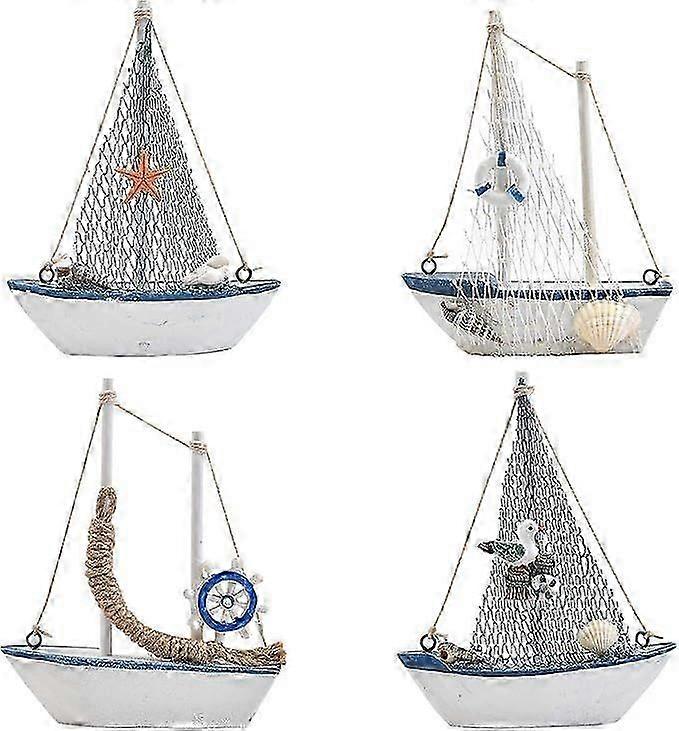 4PCS Mini Sailboat Model Decoration Wooden Miniature Sailing Boat Home Decor Set, Beach Nautical Design, Navy Blue and White