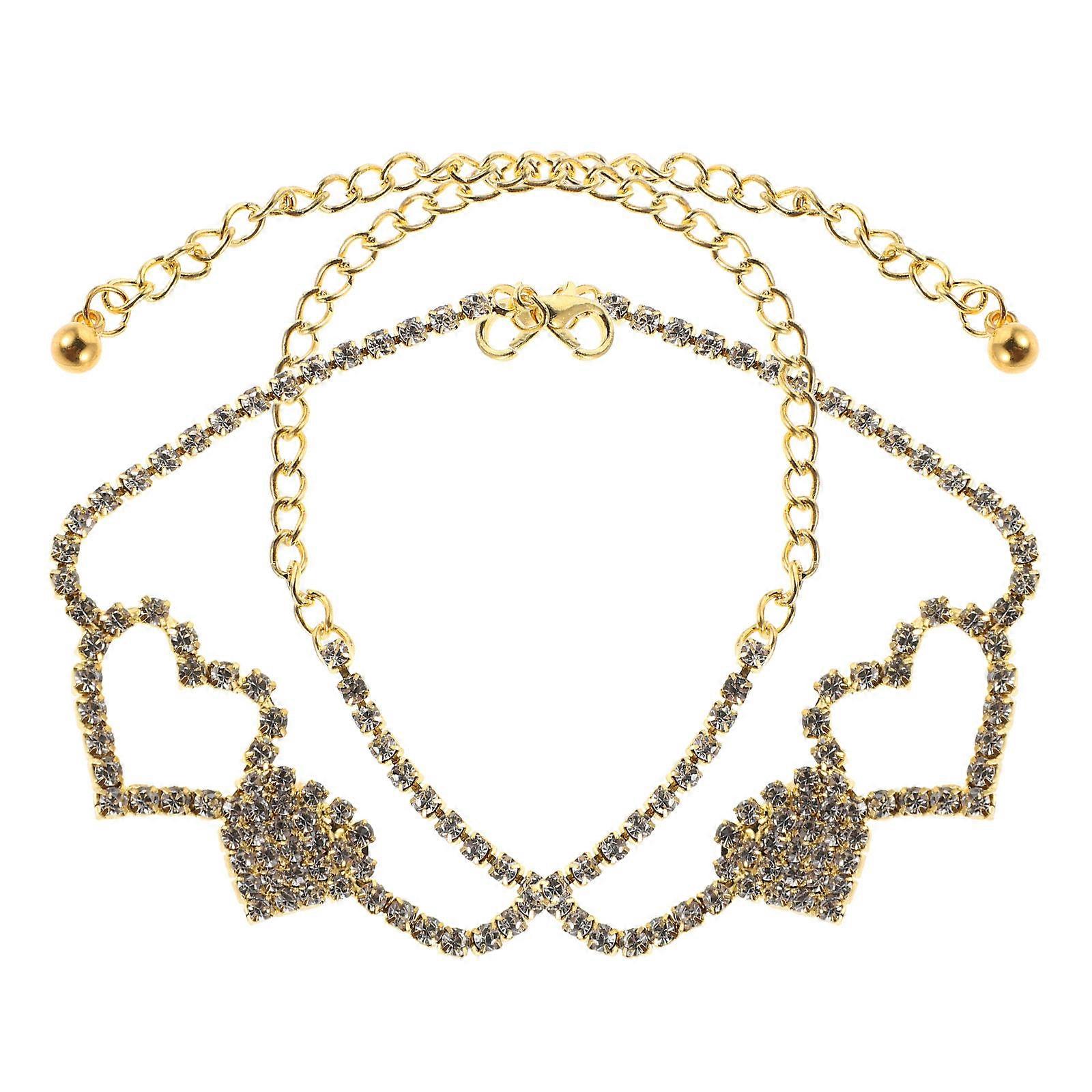 Adjustable Rhinestone Heart Anklet Beach Accessory Party Ankle Chain 2Pcs