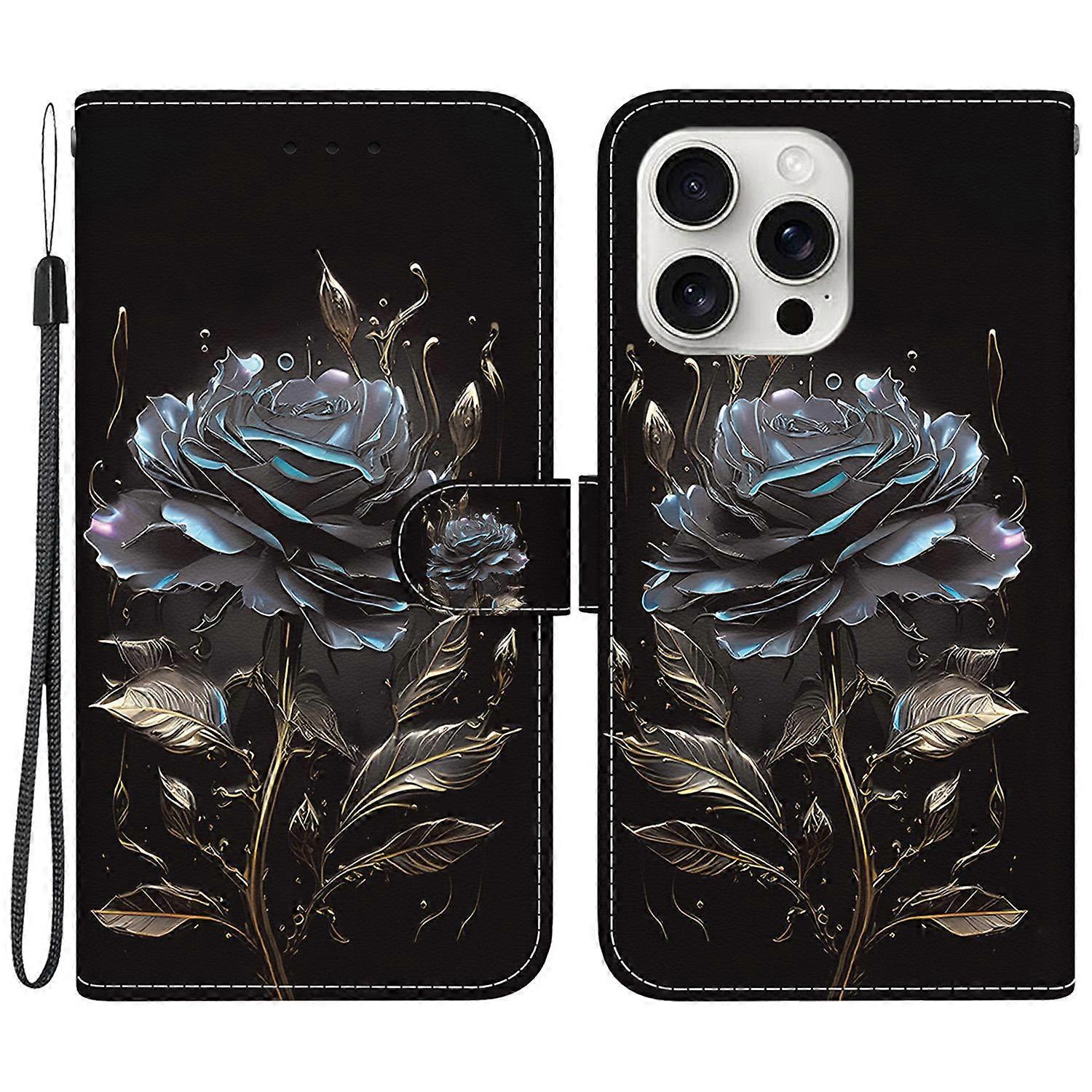 For iPhone 16 Pro Max Case Pattern Print Leather Phone Cover with Wallet - Black Rose