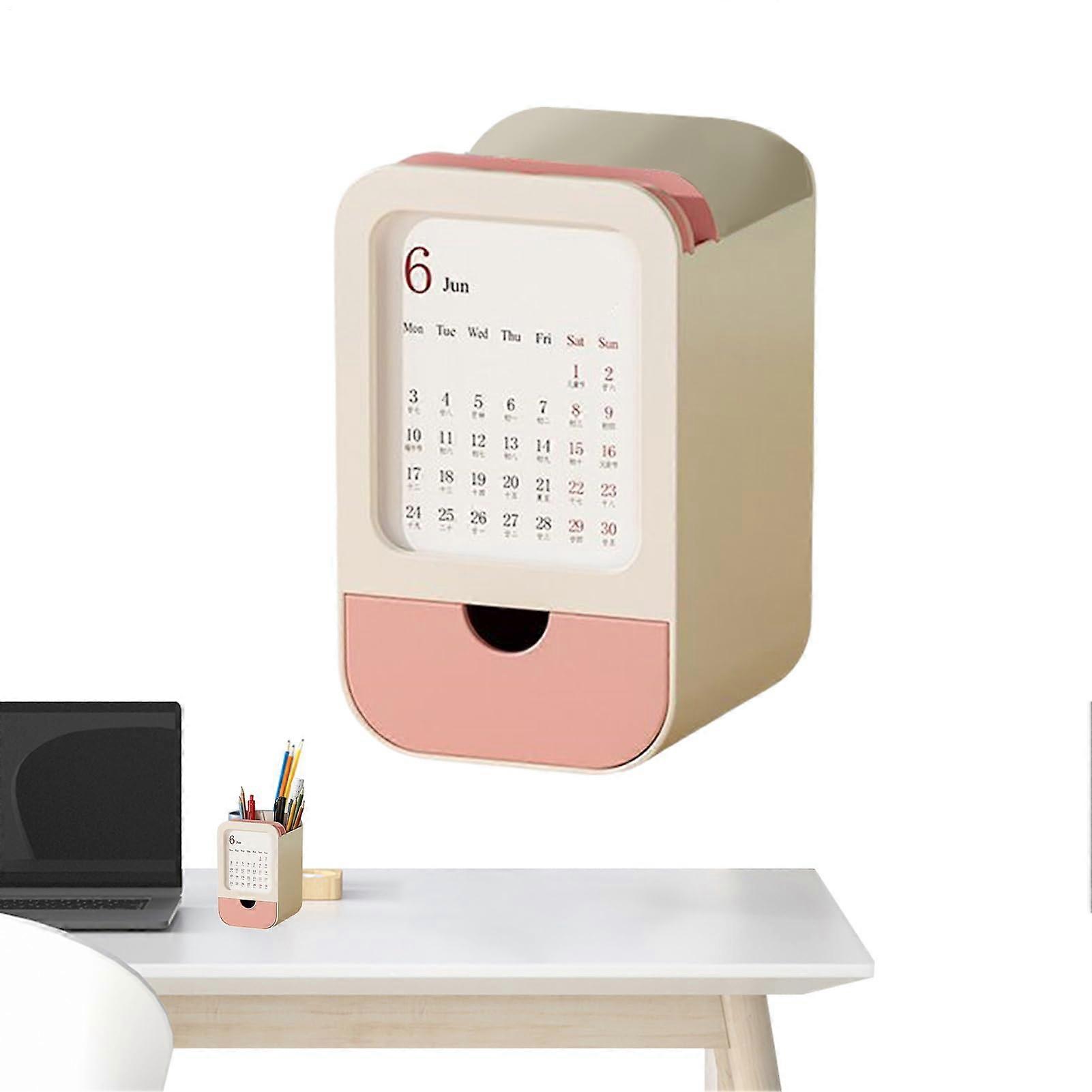 Stiftehalter Rosa und Weiß | Stifte-Organizer mit Kalender und Schublade für Homeoffice und Klassenzimmer