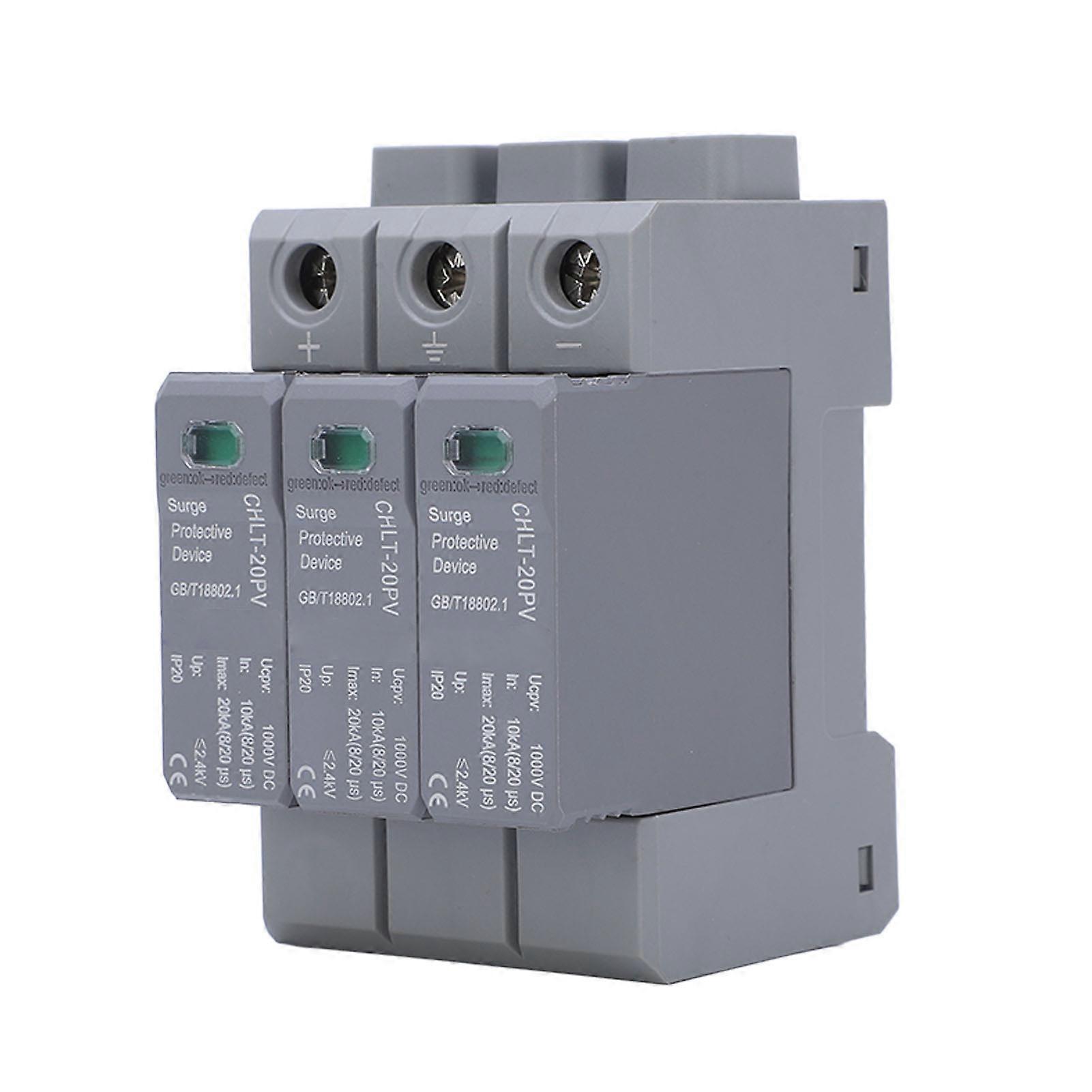 PV DC Surge Protector PC Flame Retardant Shell IP20 3P Surge Protection Breaker Device 1000V
