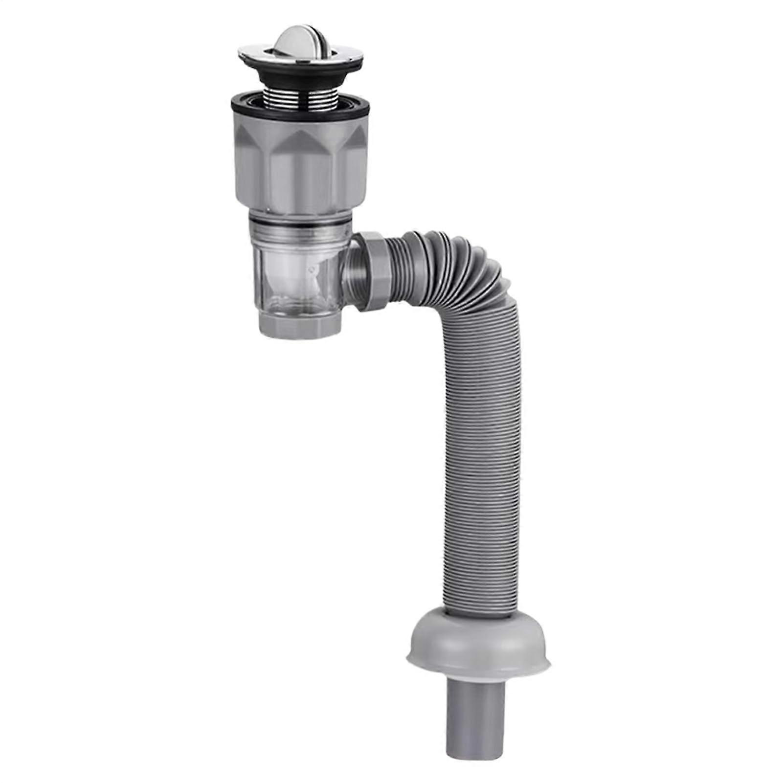 Drain Hose Set - Flexible PVC Anti-Clog Hose With Retractable Stopper, Gray Kitchen Bath Drainage System Odor Prevention