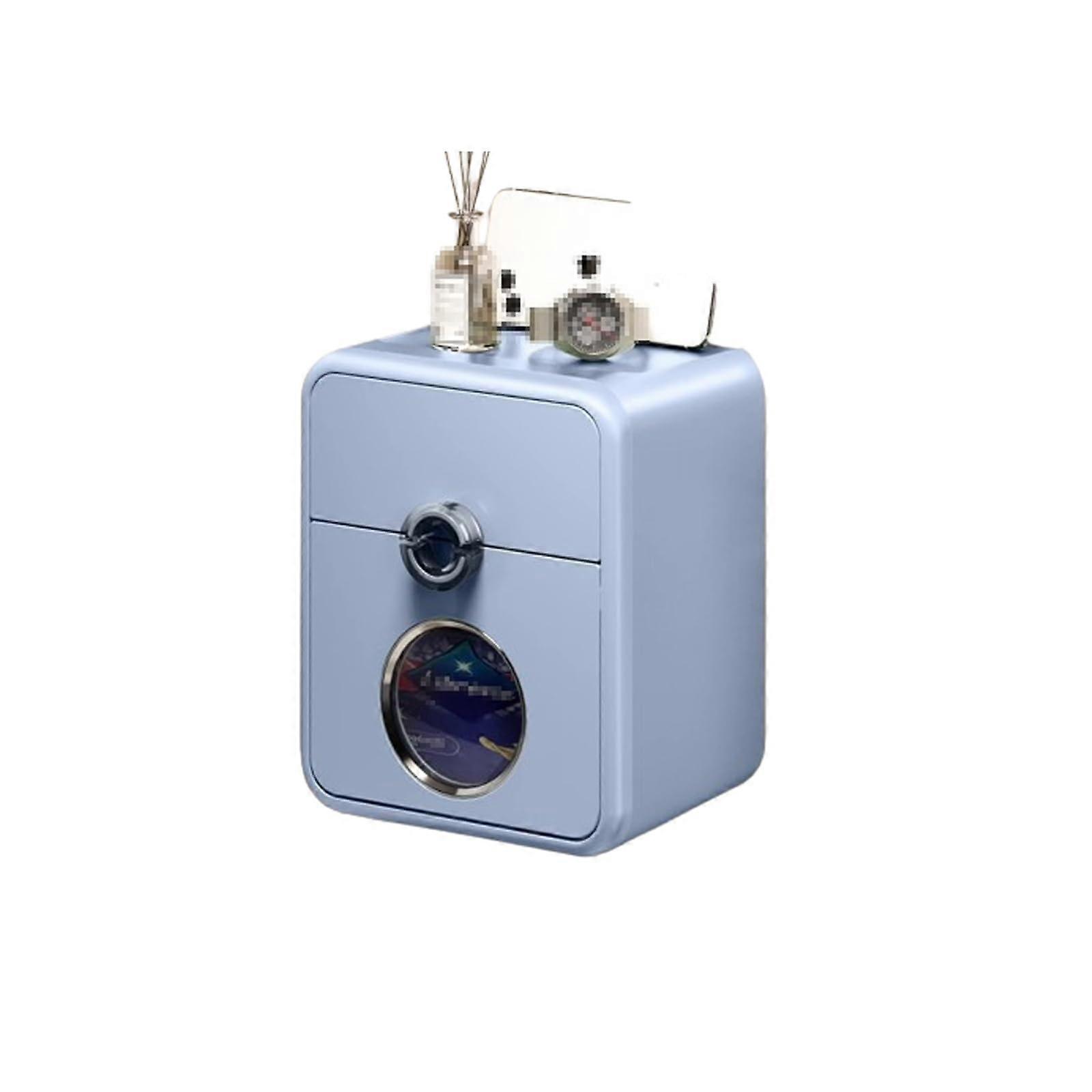 Bathroom tissue box, wallmounted, paper towel dispenser with drawer, as shown in blue.